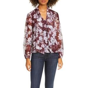 Ted Baker Cyllie Elderflower Tie Neck Blouse Purple Floral Semi Sheer Size 1